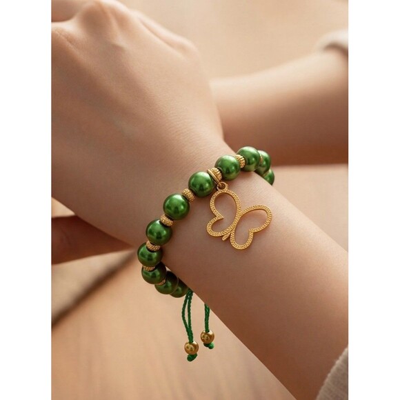 Handmade Jewelry - Green Beaded Bracelet Gold Butterfly Charm Adjustable Handmade Boho